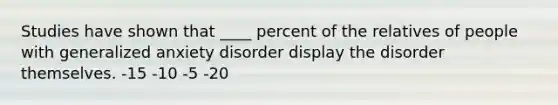 Studies have shown that ____ percent of the relatives of people with generalized anxiety disorder display the disorder themselves. -15 -10 -5 -20