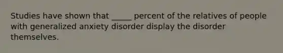 Studies have shown that _____ percent of the relatives of people with generalized anxiety disorder display the disorder themselves.