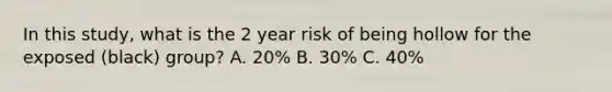 In this study, what is the 2 year risk of being hollow for the exposed (black) group? A. 20% B. 30% C. 40%