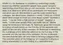 STUDY 5.1: Dr. Rodriquez is considering conducting a study examining whether narcissistic people have poorer romantic relationships than those who are not narcissistic. One of her first tasks is to determine which of her participants are narcissistic and which are not. She decides to use the scale created by a colleague, the Donal scale. Question 1 reads, "I tend not to think about other people as much as I think about myself." Question 2 reads, " I do not have a high opinion of myself." Question 3 reads, "I think other people think I am really special." Before using the measure in her study, Dr. Rodriquez gives the measure to a group of participants on the first day of the semester and again on the last day of the semester. Dr. Rodriquez is examining the scatterplot of the data she collected on the first day of the semester and the last day of the semester. On the scatterplot, she sees that the dots are very close to forming a diagonal line. This indicates which of the following? a) a negative finding b) a strong relationship c) a valid finding d) a nonrelationship