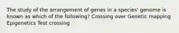 The study of the arrangement of genes in a species' genome is known as which of the following? Crossing over Genetic mapping Epigenetics Test crossing