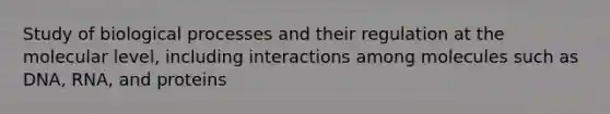 Study of biological processes and their regulation at the molecular level, including interactions among molecules such as DNA, RNA, and proteins