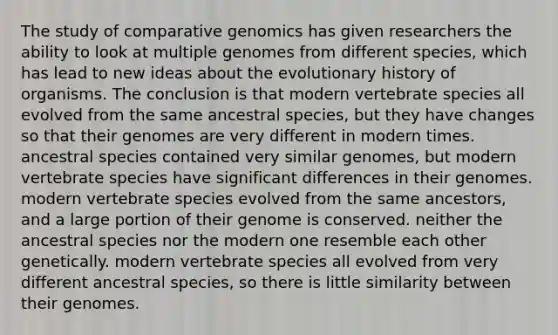 The study of comparative genomics has given researchers the ability to look at multiple genomes from different species, which has lead to new ideas about the evolutionary history of organisms. The conclusion is that modern vertebrate species all evolved from the same ancestral species, but they have changes so that their genomes are very different in modern times. ancestral species contained very similar genomes, but modern vertebrate species have significant differences in their genomes. modern vertebrate species evolved from the same ancestors, and a large portion of their genome is conserved. neither the ancestral species nor the modern one resemble each other genetically. modern vertebrate species all evolved from very different ancestral species, so there is little similarity between their genomes.