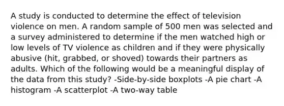 A study is conducted to determine the effect of television violence on men. A random sample of 500 men was selected and a survey administered to determine if the men watched high or low levels of TV violence as children and if they were physically abusive (hit, grabbed, or shoved) towards their partners as adults. Which of the following would be a meaningful display of the data from this study? -Side-by-side boxplots -A pie chart -A histogram -A scatterplot -A two-way table