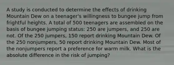 A study is conducted to determine the effects of drinking Mountain Dew on a teenager's willingness to bungee jump from frightful heights. A total of 500 teenagers are assembled on the basis of bungee jumping status: 250 are jumpers, and 250 are not. Of the 250 jumpers, 150 report drinking Mountain Dew. Of the 250 nonjumpers, 50 report drinking Mountain Dew. Most of the nonjumpers report a preference for warm milk. What is the absolute difference in the risk of jumping?