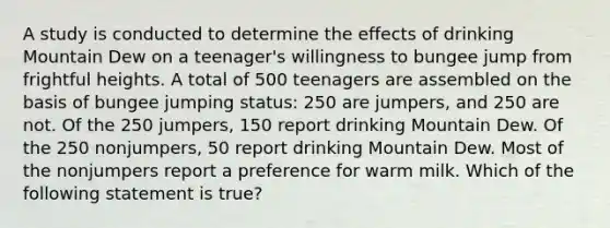 A study is conducted to determine the effects of drinking Mountain Dew on a teenager's willingness to bungee jump from frightful heights. A total of 500 teenagers are assembled on the basis of bungee jumping status: 250 are jumpers, and 250 are not. Of the 250 jumpers, 150 report drinking Mountain Dew. Of the 250 nonjumpers, 50 report drinking Mountain Dew. Most of the nonjumpers report a preference for warm milk. Which of the following statement is true?