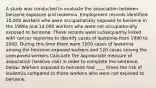 A study was conducted to evaluate the association between benzene exposure and leukemia. Employment records identified 10,000 workers who were occupationally exposed to benzene in the 1980s and 14,000 workers who were not occupationally exposed to benzene. These records were subsequently linked with cancer registries to identify cases of leukemia from 1990 to 2000. During this time there were 1500 cases of leukemia among the benzene-exposed workers and 120 cases among the unexposed workers Calculate the appropriate measure of association (relative risk) in order to complete the sentence, below: Workers exposed to benzene had ____ times the risk of leukemia compared to those workers who were not exposed to benzene.