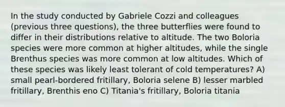 In the study conducted by Gabriele Cozzi and colleagues (previous three questions), the three butterflies were found to differ in their distributions relative to altitude. The two Boloria species were more common at higher altitudes, while the single Brenthus species was more common at low altitudes. Which of these species was likely least tolerant of cold temperatures? A) small pearl-bordered fritillary, Boloria selene B) lesser marbled fritillary, Brenthis eno C) Titania's fritillary, Boloria titania