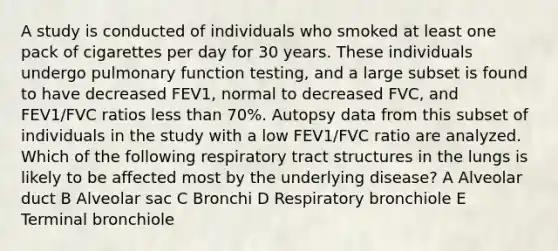 A study is conducted of individuals who smoked at least one pack of cigarettes per day for 30 years. These individuals undergo pulmonary function testing, and a large subset is found to have decreased FEV1, normal to decreased FVC, and FEV1/FVC ratios less than 70%. Autopsy data from this subset of individuals in the study with a low FEV1/FVC ratio are analyzed. Which of the following respiratory tract structures in the lungs is likely to be affected most by the underlying disease? A Alveolar duct B Alveolar sac C Bronchi D Respiratory bronchiole E Terminal bronchiole