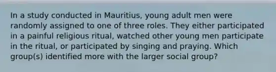 In a study conducted in Mauritius, young adult men were randomly assigned to one of three roles. They either participated in a painful religious ritual, watched other young men participate in the ritual, or participated by singing and praying. Which group(s) identified more with the larger social group?