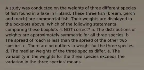 A study was conducted on the weights of three different species of fish found in a lake in Finland. These three fish (bream, perch and roach) are commercial fish. Their weights are displayed in the boxplots above. Which of the following statements comparing these boxplots is NOT correct? a. The distributions of weights are approximately symmetric for all three species. b. The spread of roach is less than the spread of the other two species. c. There are no outliers in weight for the three species. d. The median weights of the three species differ. e. The variability in the weights for the three species exceeds the variation in the three species' means.