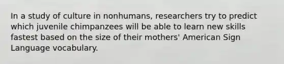 In a study of culture in nonhumans, researchers try to predict which juvenile chimpanzees will be able to learn new skills fastest based on the size of their mothers' American Sign Language vocabulary.
