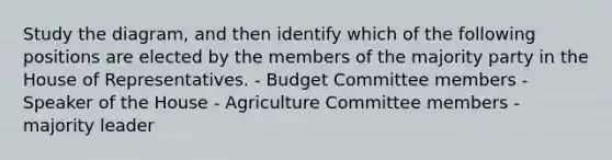 Study the diagram, and then identify which of the following positions are elected by the members of the majority party in the House of Representatives. - Budget Committee members - Speaker of the House - Agriculture Committee members - majority leader