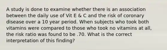 A study is done to examine whether there is an association between the daily use of Vit E & C and the risk of coronary disease over a 10 year period. When subjects who took both vitamins were compared to those who took no vitamins at all, the risk ratio was found to be .70. What is the correct interpretation of this finding?