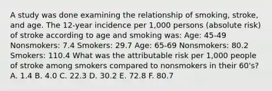 A study was done examining the relationship of smoking, stroke, and age. The 12-year incidence per 1,000 persons (absolute risk) of stroke according to age and smoking was: Age: 45-49 Nonsmokers: 7.4 Smokers: 29.7 Age: 65-69 Nonsmokers: 80.2 Smokers: 110.4 What was the attributable risk per 1,000 people of stroke among smokers compared to nonsmokers in their 60's? A. 1.4 B. 4.0 C. 22.3 D. 30.2 E. 72.8 F. 80.7