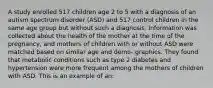 A study enrolled 517 children age 2 to 5 with a diagnosis of an autism spectrum disorder (ASD) and 517 control children in the same age group but without such a diagnosis. Information was collected about the health of the mother at the time of the pregnancy, and mothers of children with or without ASD were matched based on similar age and demo- graphics. They found that metabolic conditions such as type 2 diabetes and hypertension were more frequent among the mothers of children with ASD. This is an example of an: