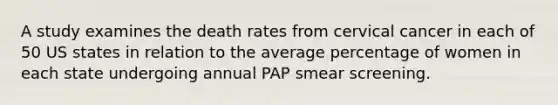 A study examines the death rates from cervical cancer in each of 50 US states in relation to the average percentage of women in each state undergoing annual PAP smear screening.