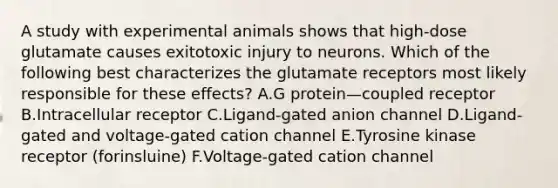 A study with experimental animals shows that high-dose glutamate causes exitotoxic injury to neurons. Which of the following best characterizes the glutamate receptors most likely responsible for these effects? A.G protein—coupled receptor B.Intracellular receptor C.Ligand-gated anion channel D.Ligand-gated and voltage-gated cation channel E.Tyrosine kinase receptor (forinsluine) F.Voltage-gated cation channel