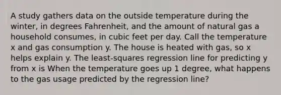 A study gathers data on the outside temperature during the winter, in degrees Fahrenheit, and the amount of natural gas a household consumes, in cubic feet per day. Call the temperature x and gas consumption y. The house is heated with gas, so x helps explain y. The least-squares regression line for predicting y from x is When the temperature goes up 1 degree, what happens to the gas usage predicted by the regression line?