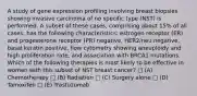 A study of gene expression profiling involving breast biopsies showing invasive carcinoma of no specific type (NST) is performed. A subset of these cases, comprising about 15% of all cases, has the following characteristics: estrogen receptor (ER) and progesterone receptor (PR) negative, HER2/neu negative, basal keratin positive, flow cytometry showing aneuploidy and high proliferation rate, and association with BRCA1 mutations. Which of the following therapies is most likely to be effective in women with this subset of NST breast cancer? □ (A) Chemotherapy □ (B) Radiation □ (C) Surgery alone □ (D) Tamoxifen □ (E) Trastuzumab