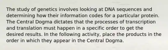 The study of genetics involves looking at DNA sequences and determining how their information codes for a particular protein. The Central Dogma dictates that the processes of transcription and translation must happen in a specific order to get the desired results. In the following activity, place the products in the order in which they appear in the Central Dogma.