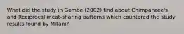 What did the study in Gombe (2002) find about Chimpanzee's and Reciprocal meat-sharing patterns which countered the study results found by Mitani?
