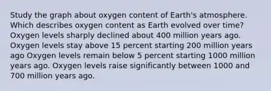 Study the graph about oxygen content of Earth's atmosphere. Which describes oxygen content as Earth evolved over time? Oxygen levels sharply declined about 400 million years ago. Oxygen levels stay above 15 percent starting 200 million years ago Oxygen levels remain below 5 percent starting 1000 million years ago. Oxygen levels raise significantly between 1000 and 700 million years ago.