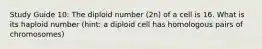 Study Guide 10: The diploid number (2n) of a cell is 16. What is its haploid number (hint: a diploid cell has homologous pairs of chromosomes)