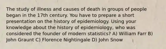 The study of illness and causes of death in groups of people began in the 17th century. You have to prepare a short presentation on the history of epidemiology. Using your knowledge about the history of epidemiology, who was considered the founder of modern statistics? A) William Farr B) John Graunt C) Florence Nightingale D) John Snow