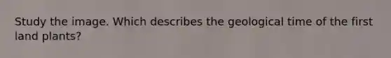 Study the image. Which describes the geological time of the first land plants?