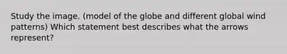 Study the image. (model of the globe and different global wind patterns) Which statement best describes what the arrows represent?