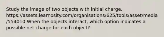 Study the image of two objects with initial charge. https://assets.learnosity.com/organisations/625/tools/asset/media/554010 When the objects interact, which option indicates a possible net charge for each object?