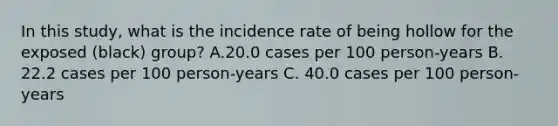 In this study, what is the incidence rate of being hollow for the exposed (black) group? A.20.0 cases per 100 person-years B. 22.2 cases per 100 person-years C. 40.0 cases per 100 person-years