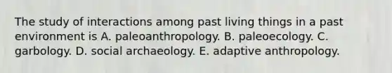 The study of interactions among past living things in a past environment is A. paleoanthropology. B. paleoecology. C. garbology. D. social archaeology. E. adaptive anthropology.