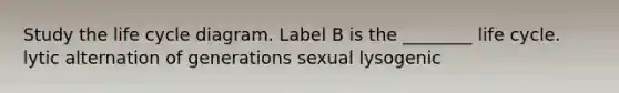 Study the life cycle diagram. Label B is the ________ life cycle. lytic alternation of generations sexual lysogenic