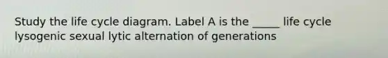 Study the life cycle diagram. Label A is the _____ life cycle lysogenic sexual lytic alternation of generations