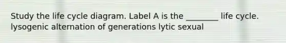 Study the life cycle diagram. Label A is the ________ life cycle. lysogenic alternation of generations lytic sexual