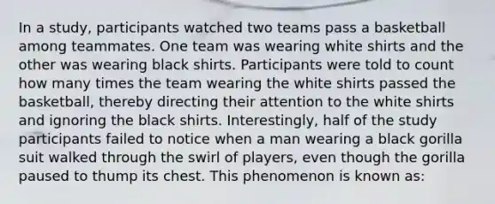 In a study, participants watched two teams pass a basketball among teammates. One team was wearing white shirts and the other was wearing black shirts. Participants were told to count how many times the team wearing the white shirts passed the basketball, thereby directing their attention to the white shirts and ignoring the black shirts. Interestingly, half of the study participants failed to notice when a man wearing a black gorilla suit walked through the swirl of players, even though the gorilla paused to thump its chest. This phenomenon is known as: