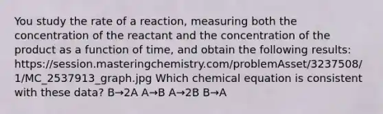 You study the rate of a reaction, measuring both the concentration of the reactant and the concentration of the product as a function of time, and obtain the following results: https://session.masteringchemistry.com/problemAsset/3237508/1/MC_2537913_graph.jpg Which chemical equation is consistent with these data? B→2A A→B A→2B B→A