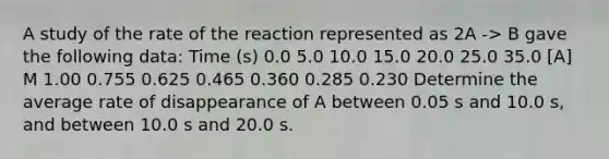 A study of the rate of the reaction represented as 2A -> B gave the following data: Time (s) 0.0 5.0 10.0 15.0 20.0 25.0 35.0 [A] M 1.00 0.755 0.625 0.465 0.360 0.285 0.230 Determine the average rate of disappearance of A between 0.05 s and 10.0 s, and between 10.0 s and 20.0 s.