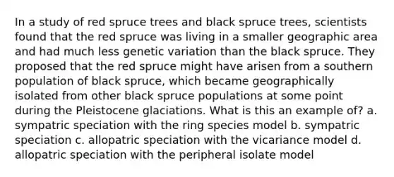 In a study of red spruce trees and black spruce trees, scientists found that the red spruce was living in a smaller geographic area and had much less genetic variation than the black spruce. They proposed that the red spruce might have arisen from a southern population of black spruce, which became geographically isolated from other black spruce populations at some point during the Pleistocene glaciations. What is this an example of? a. sympatric speciation with the ring species model b. sympatric speciation c. allopatric speciation with the vicariance model d. allopatric speciation with the peripheral isolate model