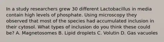 In a study researchers grew 30 different Lactobacillus in media contain high levels of phosphate. Using microscopy they observed that most of the species had accumulated inclusion in their cytosol. What types of inclusion do you think these could be? A. Magnetosomes B. Lipid droplets C. Volutin D. Gas vacuoles