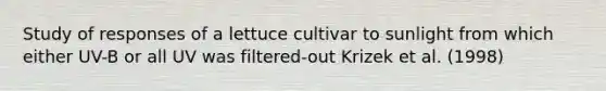 Study of responses of a lettuce cultivar to sunlight from which either UV-B or all UV was filtered-out Krizek et al. (1998)