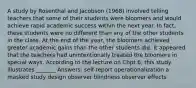 A study by Rosenthal and Jacobson (1968) involved telling teachers that some of their students were bloomers and would achieve rapid academic success within the next year. In fact, these students were no different than any of the other students in the class. At the end of the year, the bloomers achieved greater academic gains than the other students did. It appeared that the teachers had unintentionally treated the bloomers in special ways. According to the lecture on Chpt 6, this study illustrates _______ Answers: self-report operationalization a masked study design observer blindness observer effects