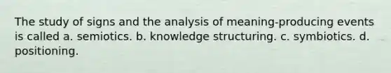 The study of signs and the analysis of meaning-producing events is called a. semiotics. b. knowledge structuring. c. symbiotics. d. positioning.