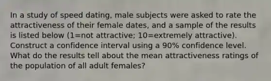 In a study of speed​ dating, male subjects were asked to rate the attractiveness of their female​ dates, and a sample of the results is listed below ​(1=not ​attractive; 10=extremely ​attractive). Construct a confidence interval using a 90​% confidence level. What do the results tell about the mean attractiveness ratings of the population of all adult​ females?