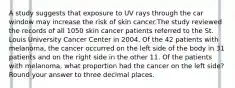 A study suggests that exposure to UV rays through the car window may increase the risk of skin cancer.The study reviewed the records of all 1050 skin cancer patients referred to the St. Louis University Cancer Center in 2004. Of the 42 patients with melanoma, the cancer occurred on the left side of the body in 31 patients and on the right side in the other 11. Of the patients with melanoma, what proportion had the cancer on the left side? Round your answer to three decimal places.