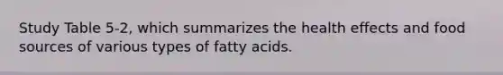 Study Table 5-2, which summarizes the health effects and food sources of various types of fatty acids.