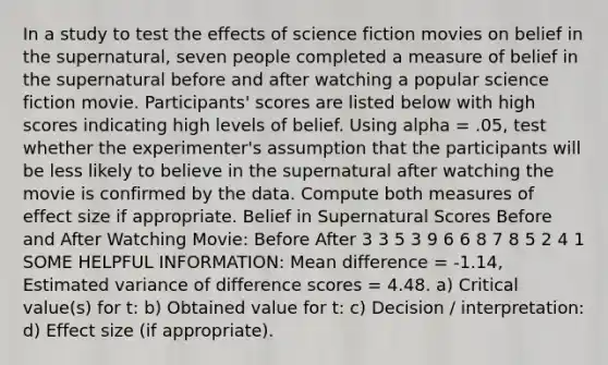 In a study to test the effects of science fiction movies on belief in the supernatural, seven people completed a measure of belief in the supernatural before and after watching a popular science fiction movie. Participants' scores are listed below with high scores indicating high levels of belief. Using alpha = .05, test whether the experimenter's assumption that the participants will be less likely to believe in the supernatural after watching the movie is confirmed by the data. Compute both measures of effect size if appropriate. Belief in Supernatural Scores Before and After Watching Movie: Before After 3 3 5 3 9 6 6 8 7 8 5 2 4 1 SOME HELPFUL INFORMATION: Mean difference = -1.14, Estimated variance of difference scores = 4.48. a) Critical value(s) for t: b) Obtained value for t: c) Decision / interpretation: d) Effect size (if appropriate).