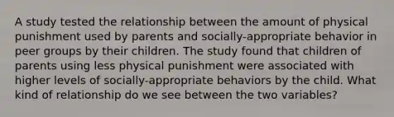 A study tested the relationship between the amount of physical punishment used by parents and socially-appropriate behavior in peer groups by their children. The study found that children of parents using less physical punishment were associated with higher levels of socially-appropriate behaviors by the child. What kind of relationship do we see between the two variables?